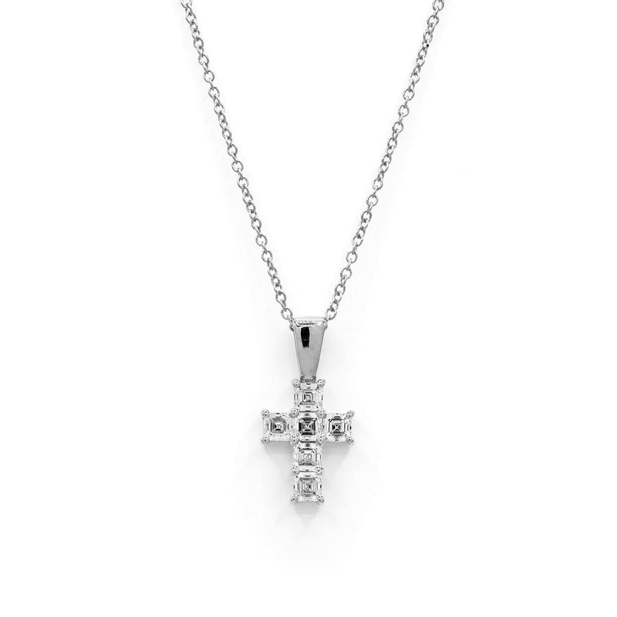 Small Asscher Diamond Cross Pendant, 6 diamonds, four prong setting 14K White Gold