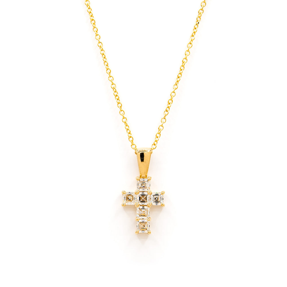 Small Asscher Diamond Cross Pendant, 6 diamonds, four prong setting 14K Yellow Gold