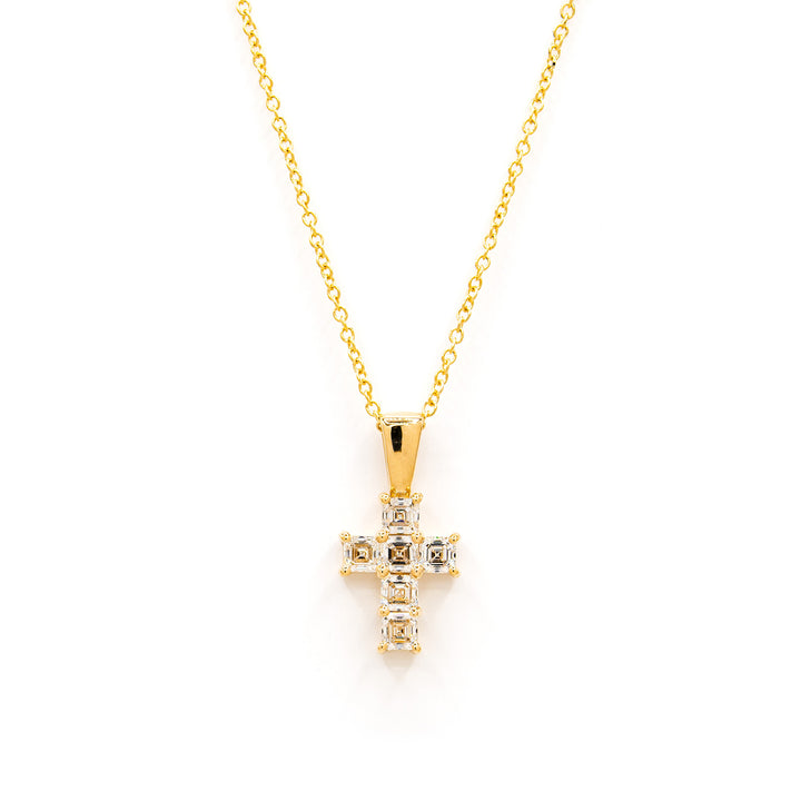 Small Asscher Diamond Cross Pendant, 6 diamonds, four prong setting 14K Yellow Gold